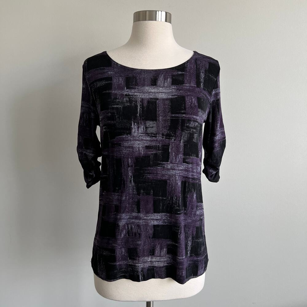 Chico's Travelers Blouse Ruched Sleeves Black Purple Packable Chico's 0
